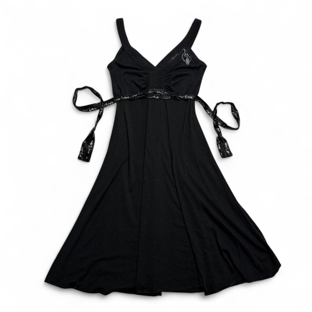 Baby Phat Vintage Baby Doll Black midi dress rhinestone details tie waist size M